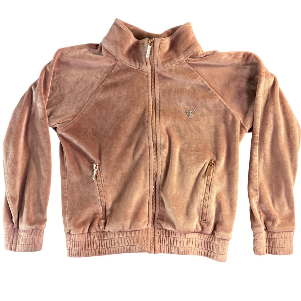 Guess Girls Mauve Pink Velour Zip Up Track Jacket Rhinestone Logo Size 6